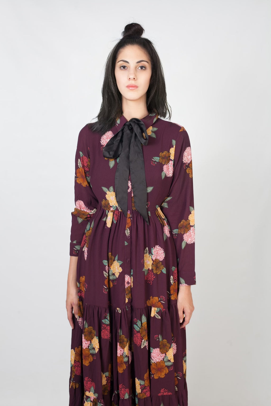Maxi vestido estampado y con lazo- burdeos