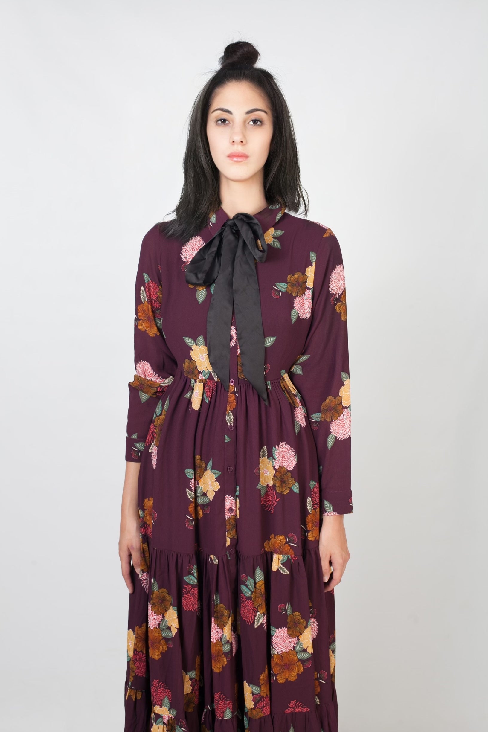 Maxi vestido estampado y con lazo- burdeos