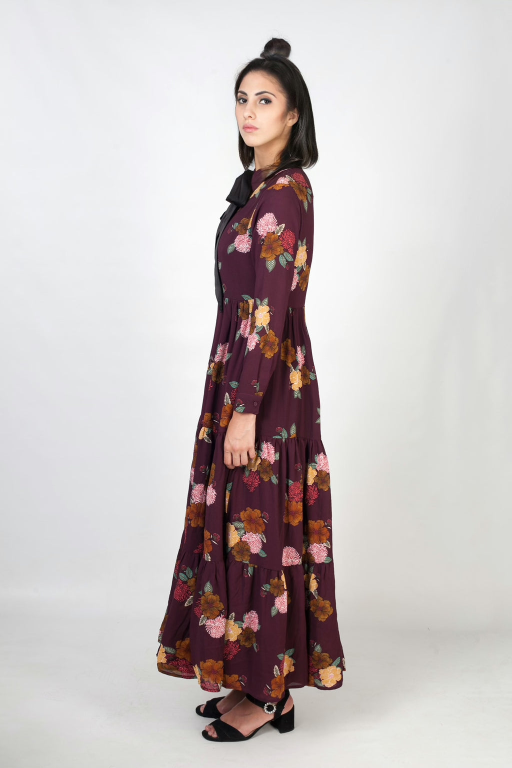 Maxi vestido estampado y con lazo- burdeos