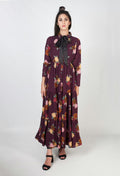 Maxi vestido estampado y con lazo- burdeos