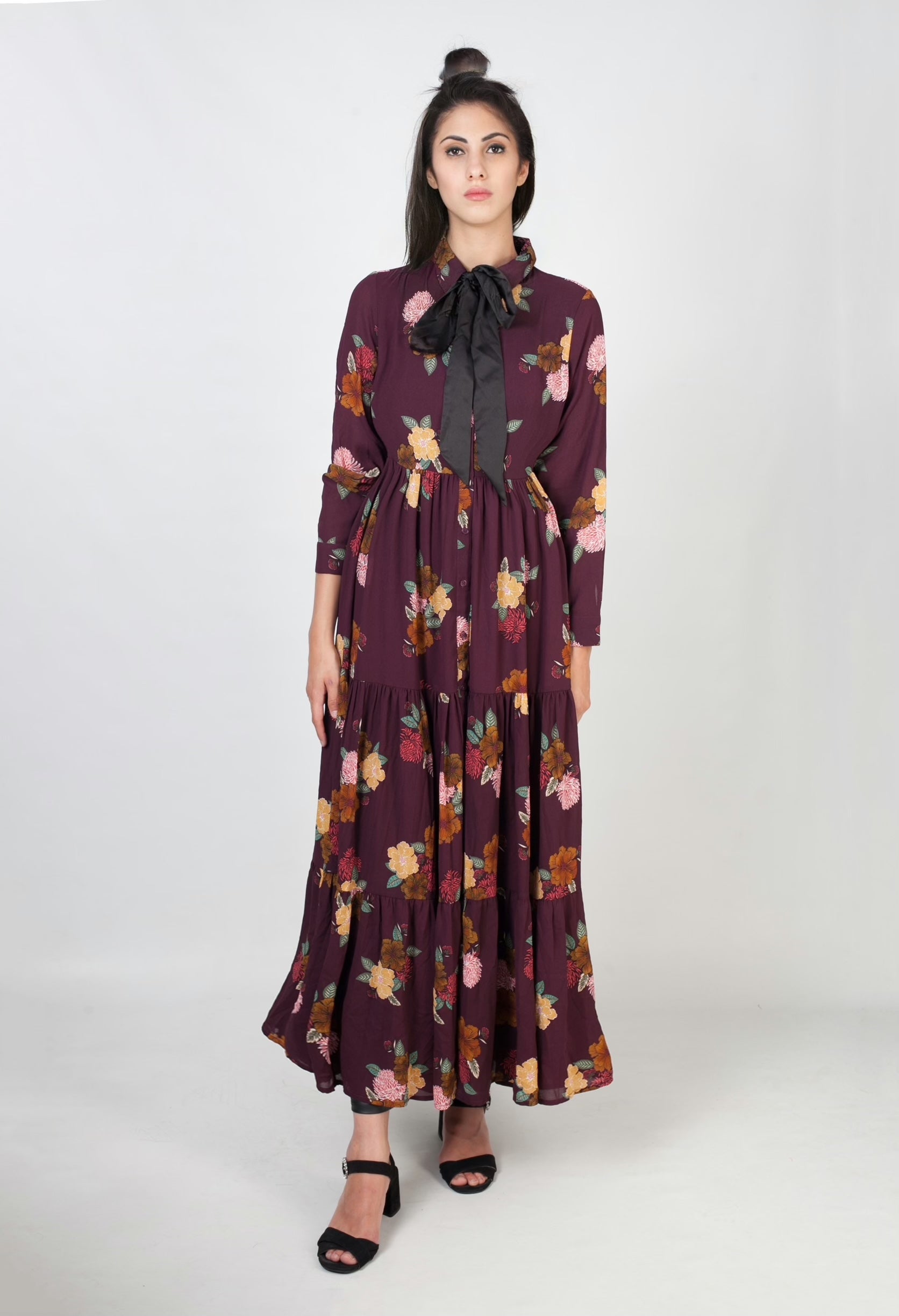 Maxi vestido estampado y con lazo- burdeos