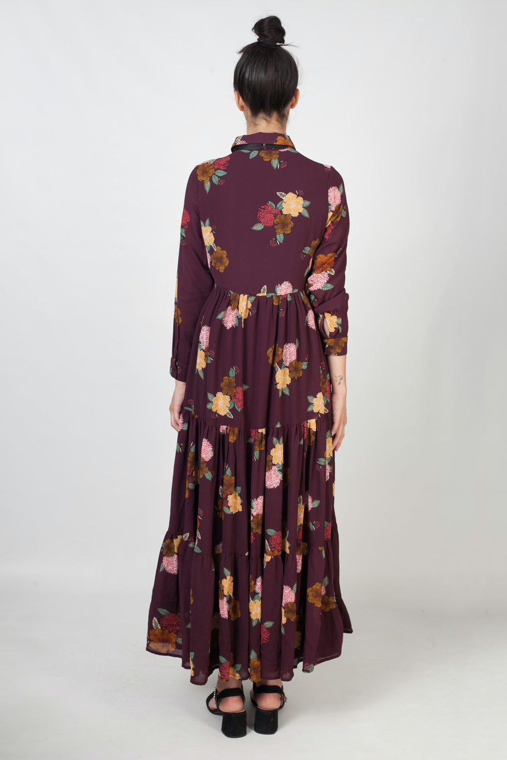 Maxi vestido estampado y con lazo- burdeos