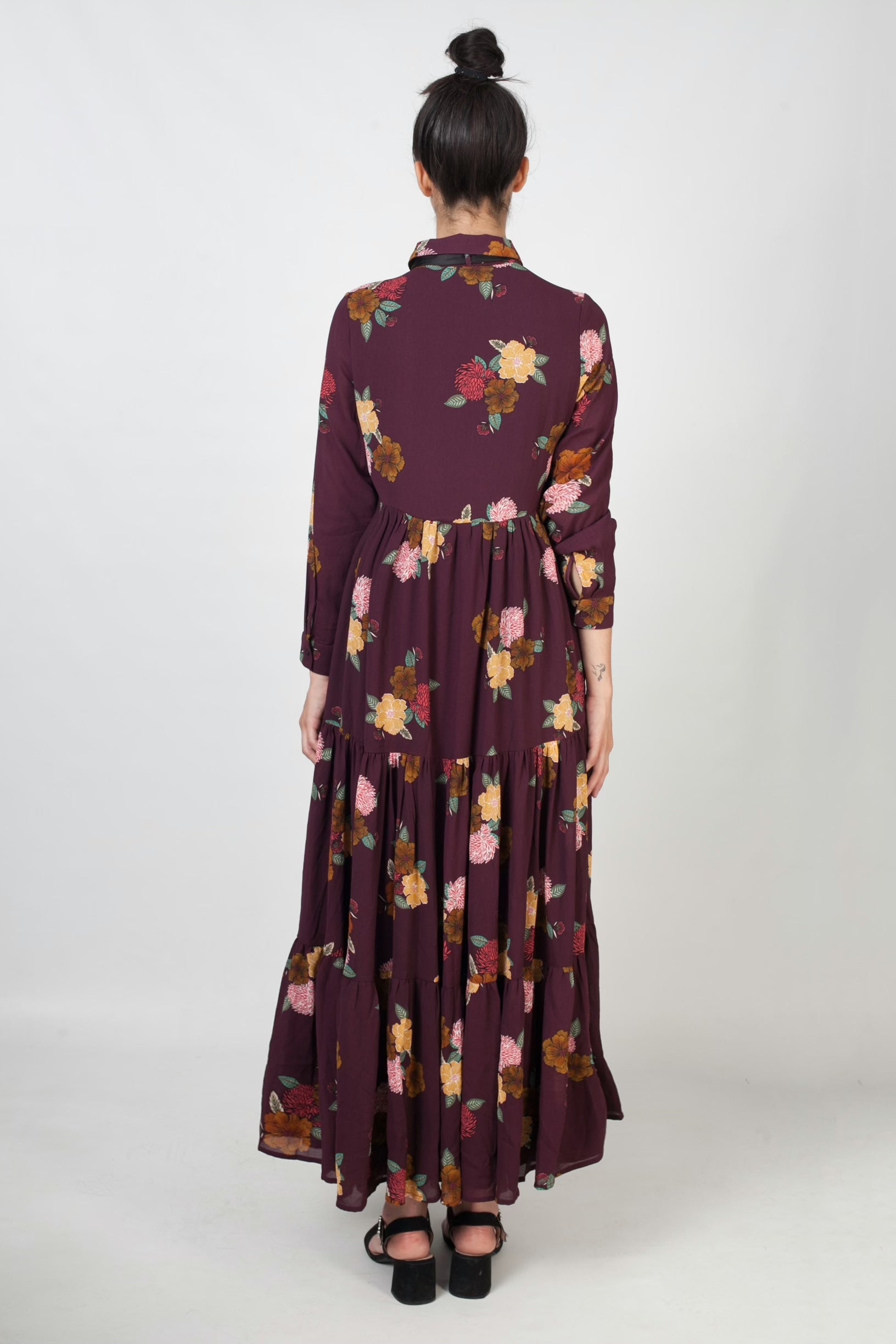 Maxi vestido estampado y con lazo- burdeos