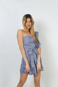 Vestido con volante y lazo en la cintura con una sola manga azul