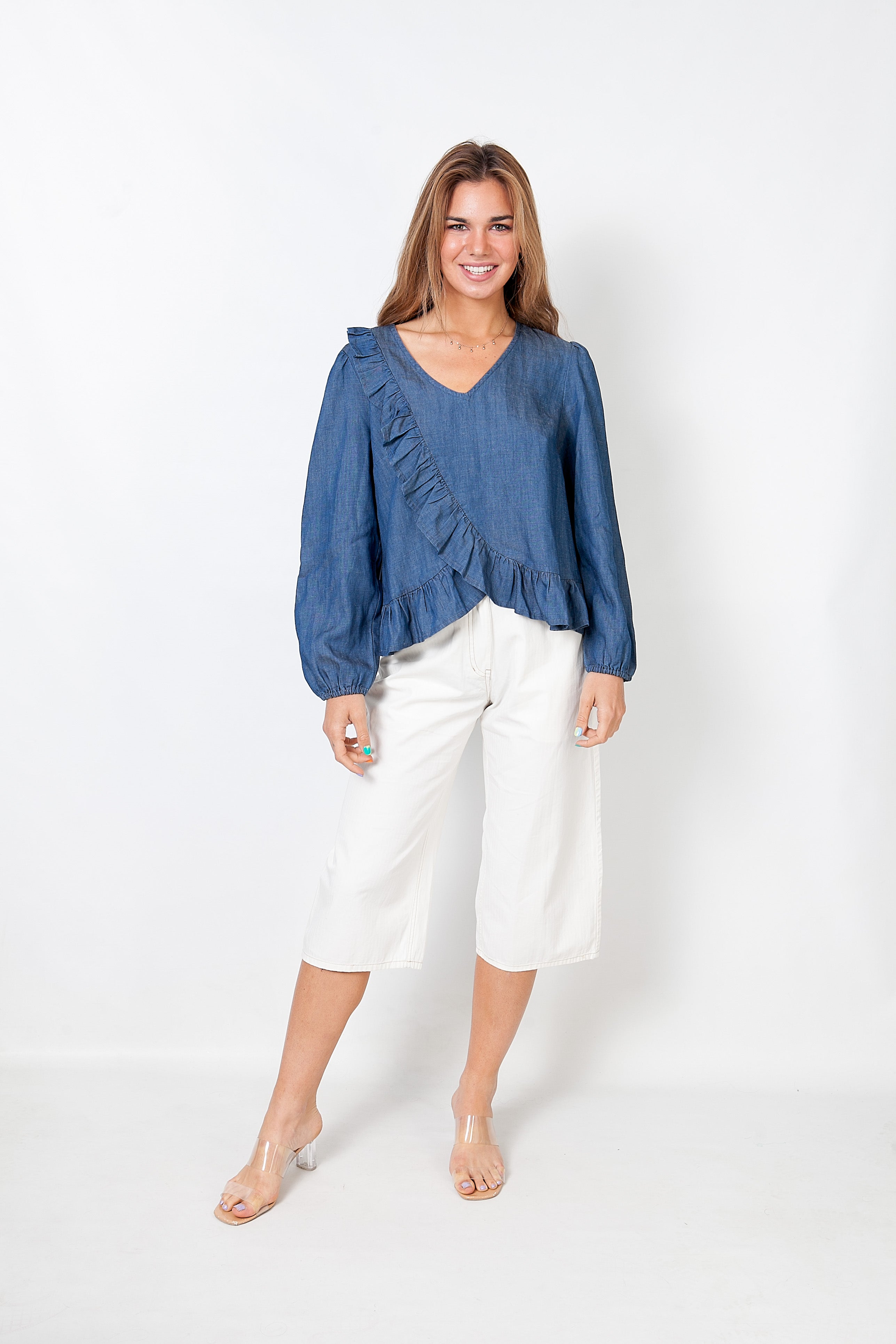 Denim shirt with front ruffle blue