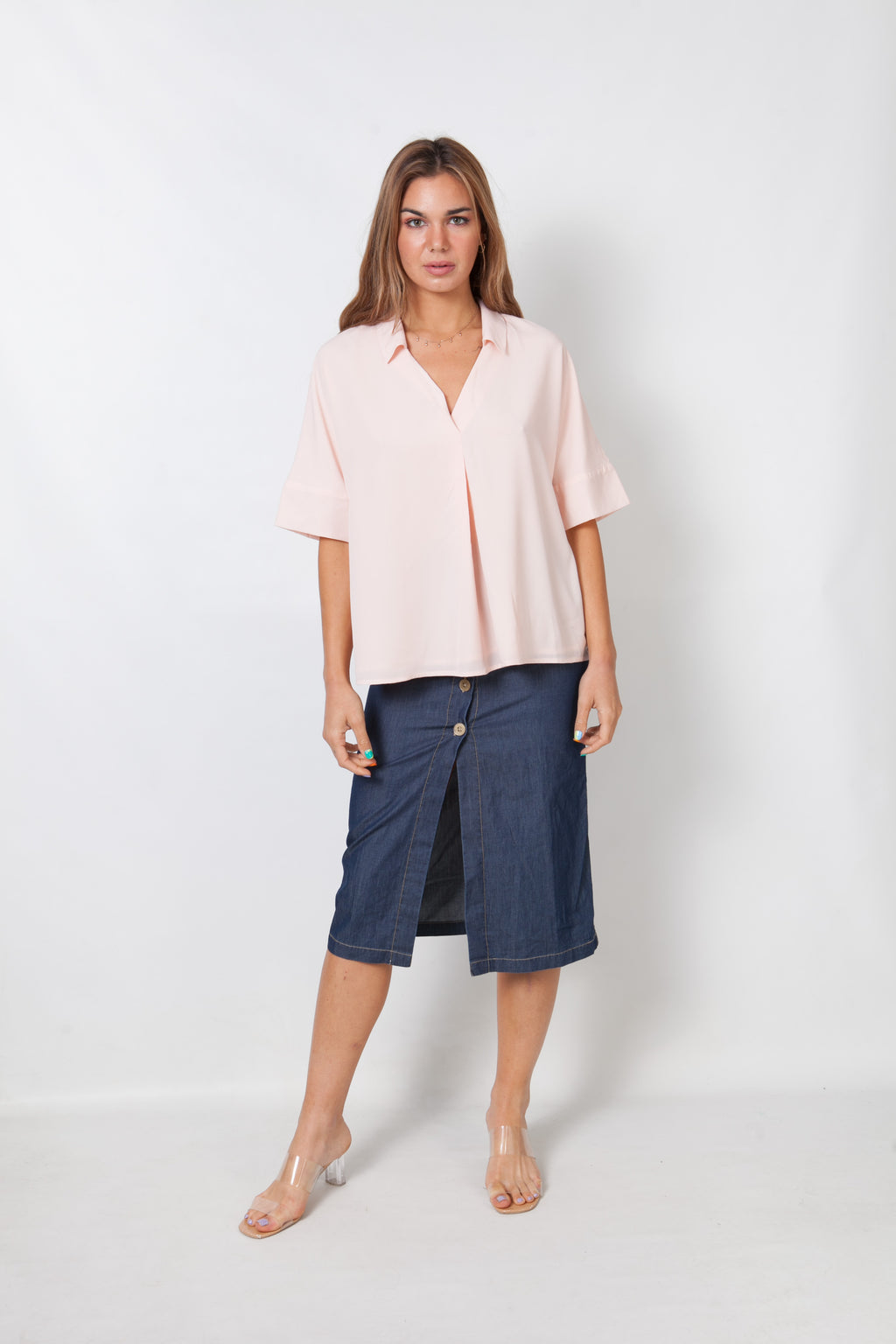 Blusa Rosa Palo Con Delantera Plisada.