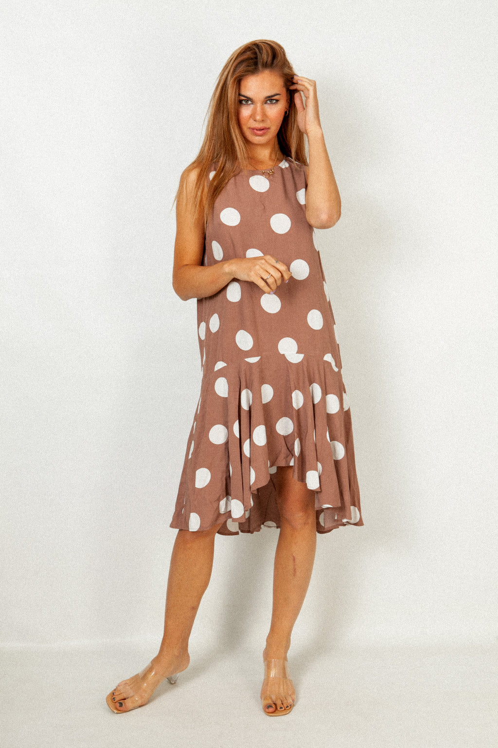 Brown polka dot ruffle dress