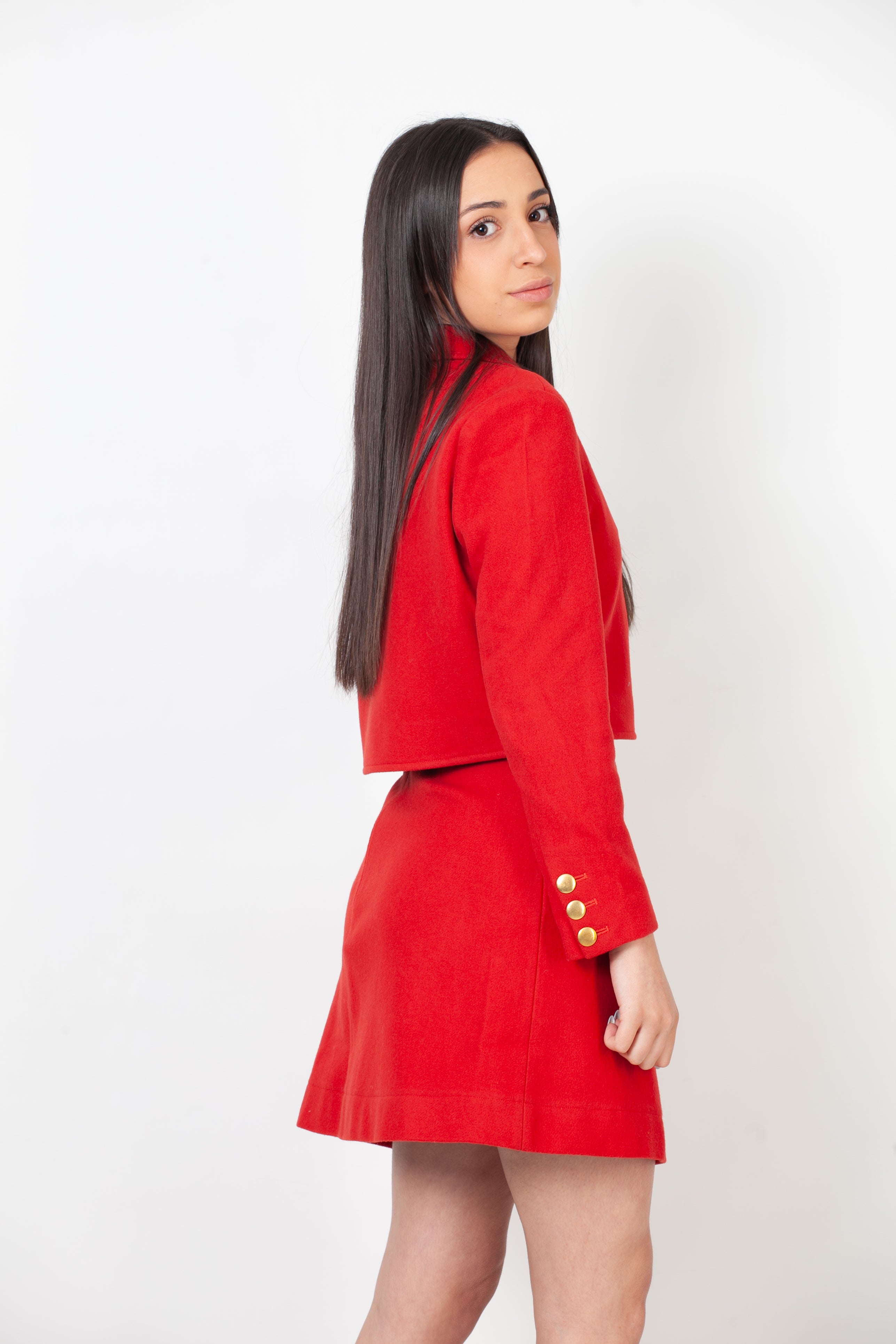 red wool skirt