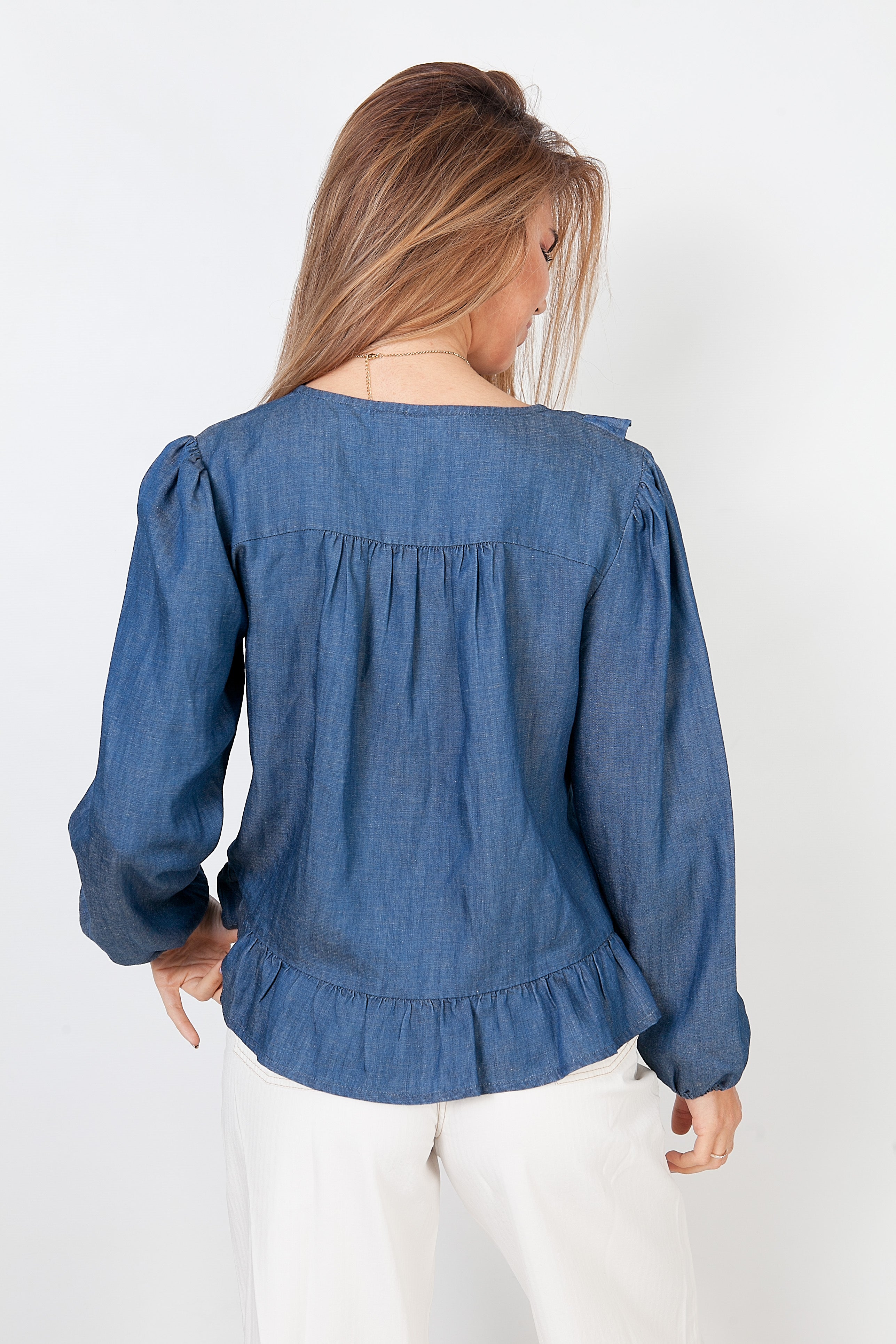Denim shirt with front ruffle blue