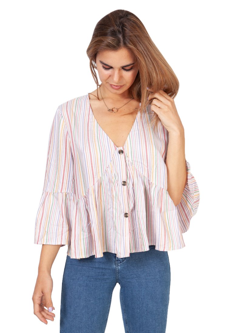 V-neck Ruffle Blouse-Multicolor
