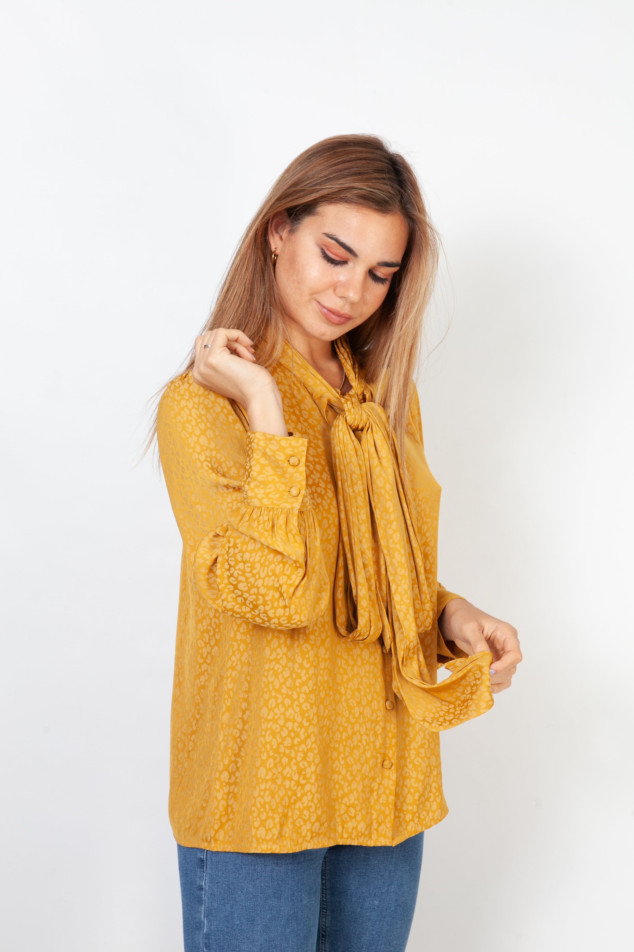 Blouse with Bow on Neck - Mustard
