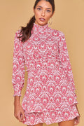Vestido estampado cuello alto - Blanco y rosa