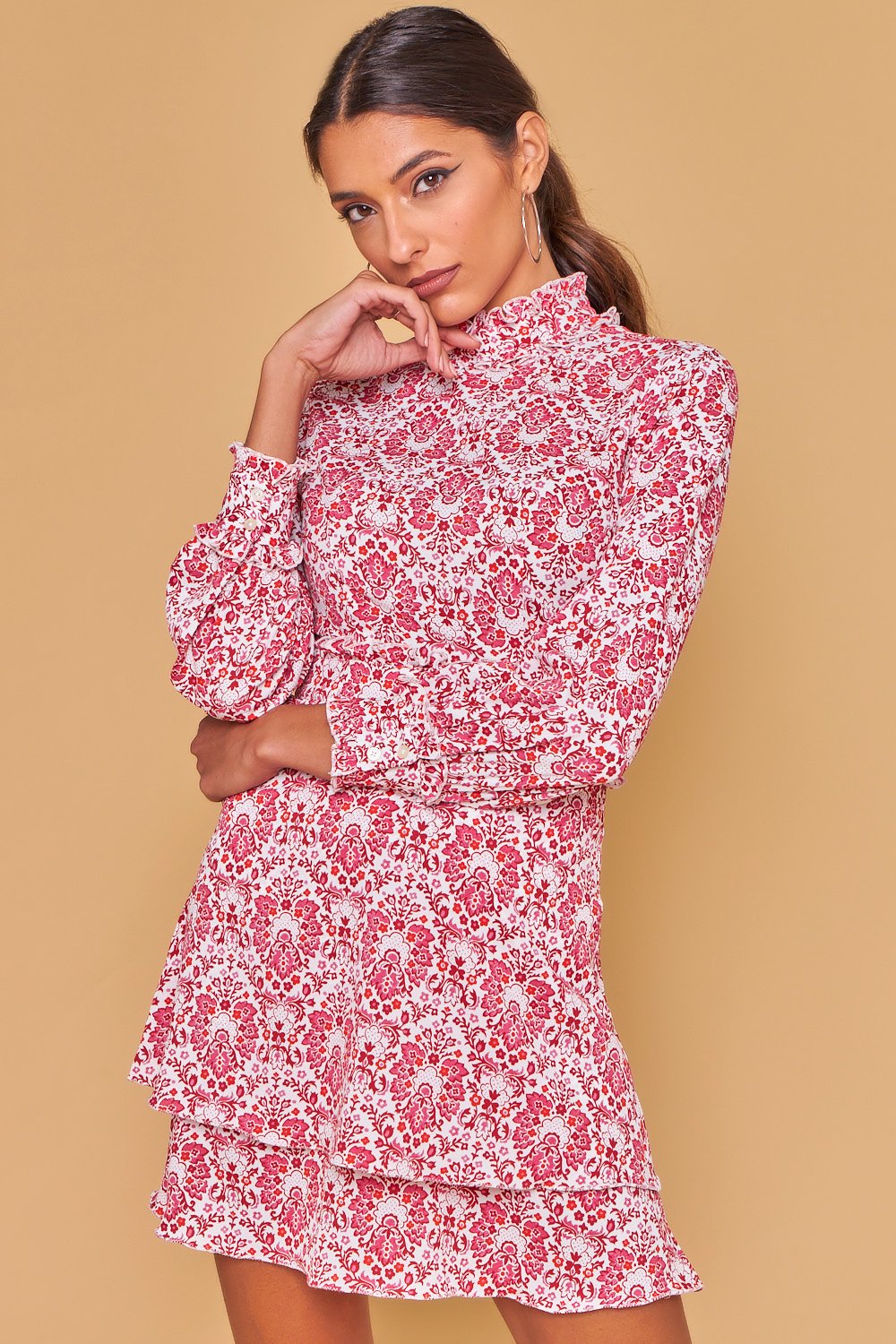 Vestido estampado cuello alto - Blanco y rosa
