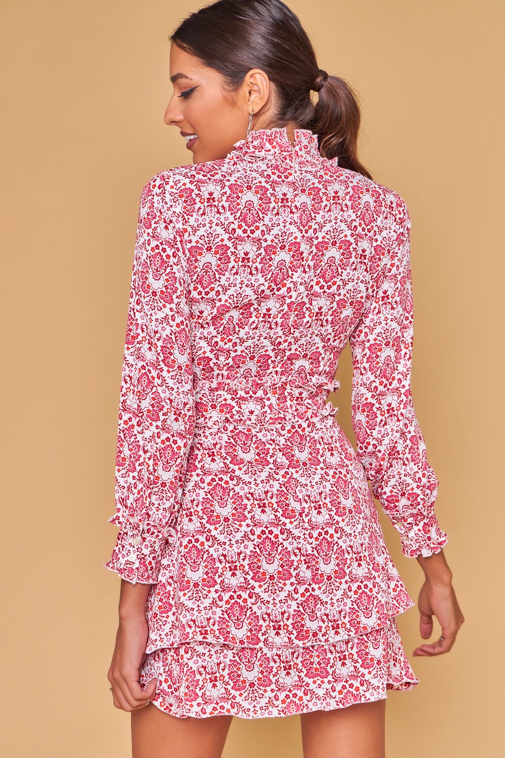 Vestido estampado cuello alto - Blanco y rosa