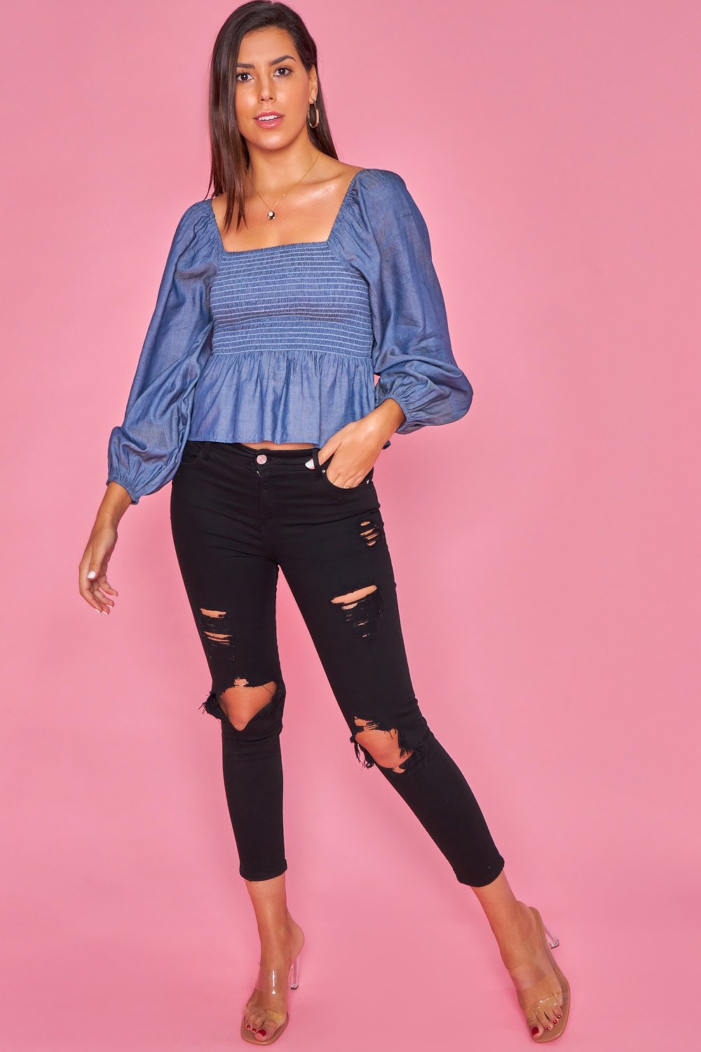 Camisa ajustada con mangas de farol - Azul
