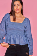 Camisa ajustada con mangas de farol - Azul