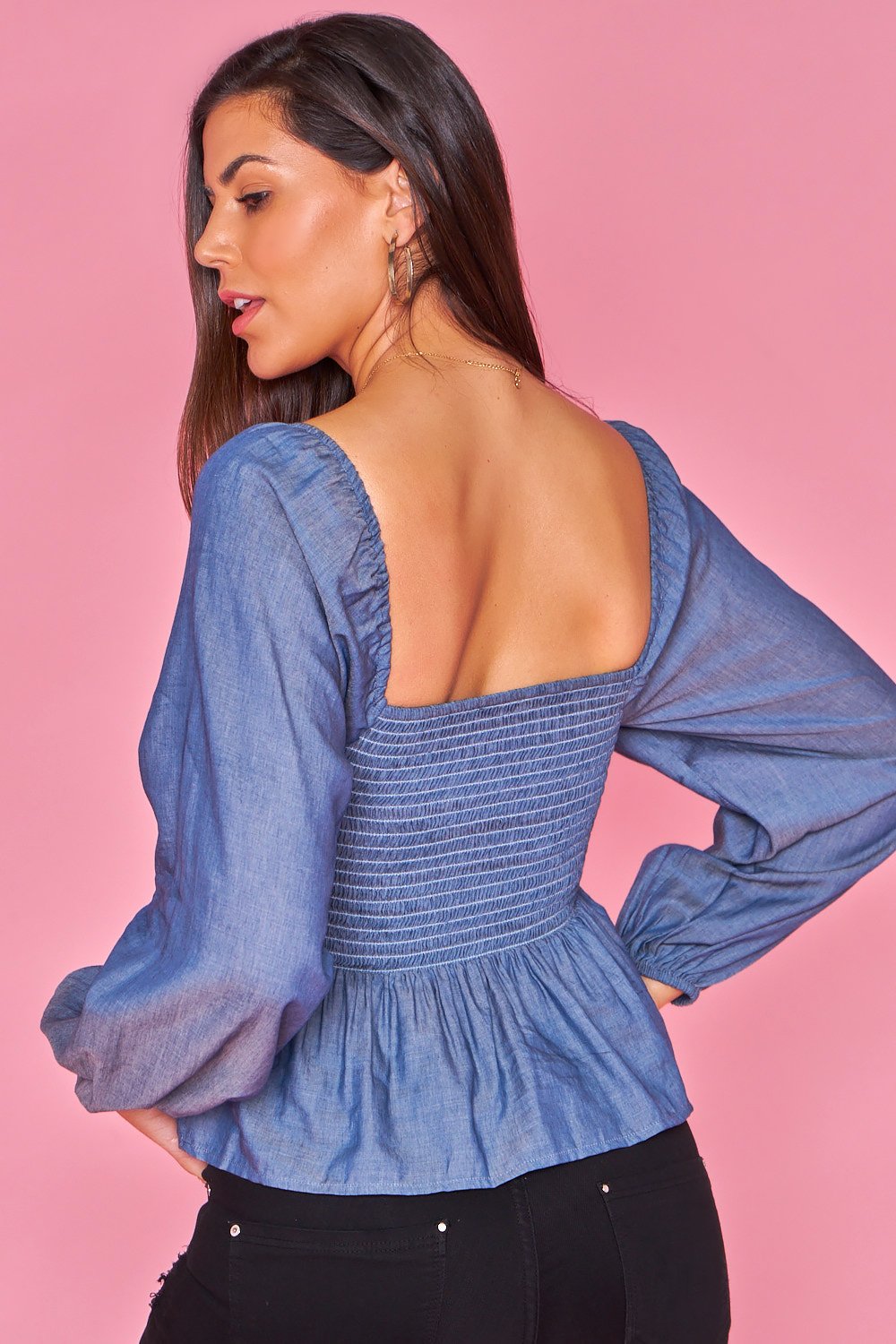 Camisa ajustada con mangas de farol - Azul