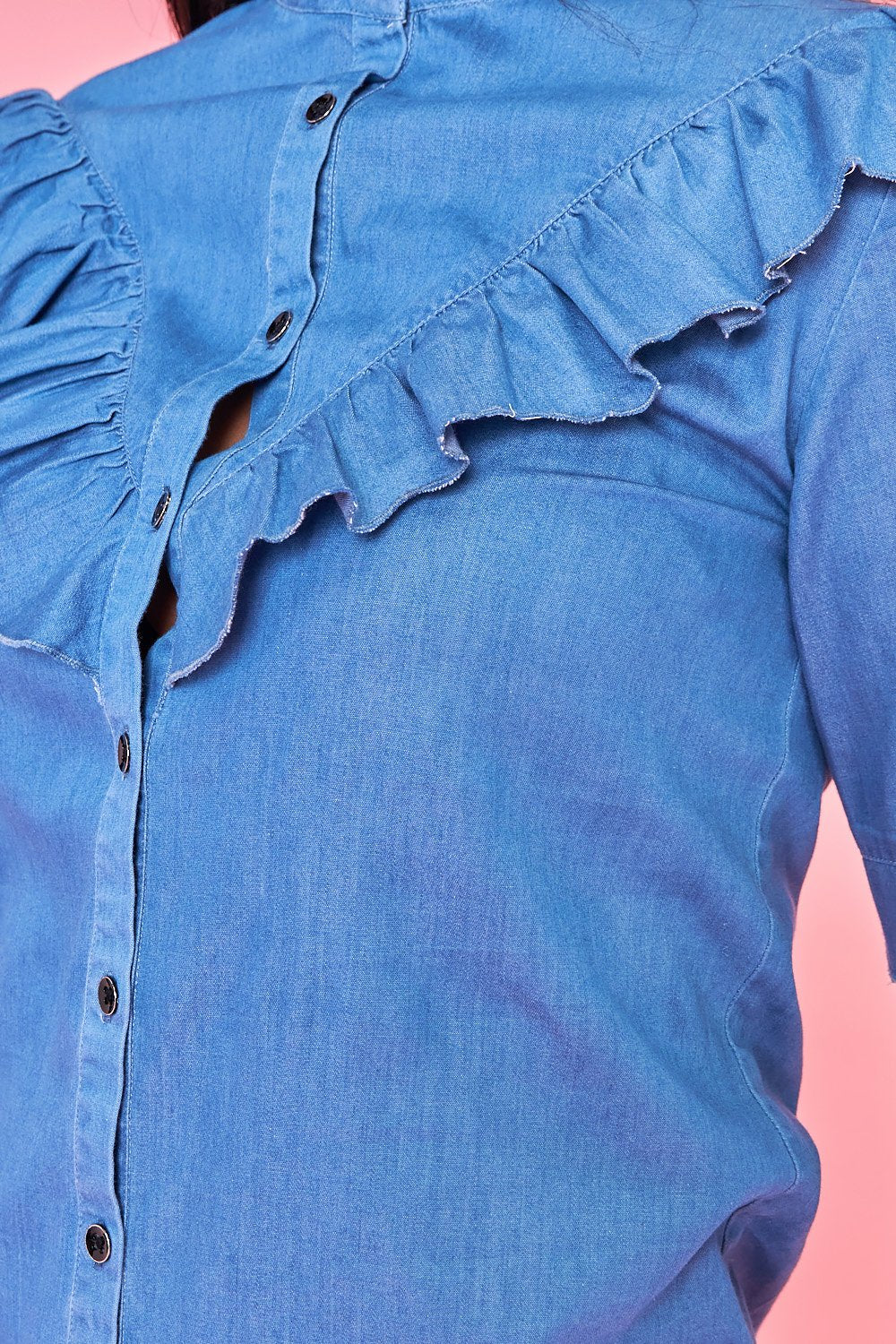 Long denim blouse with ruffle on the upper front part - Blue