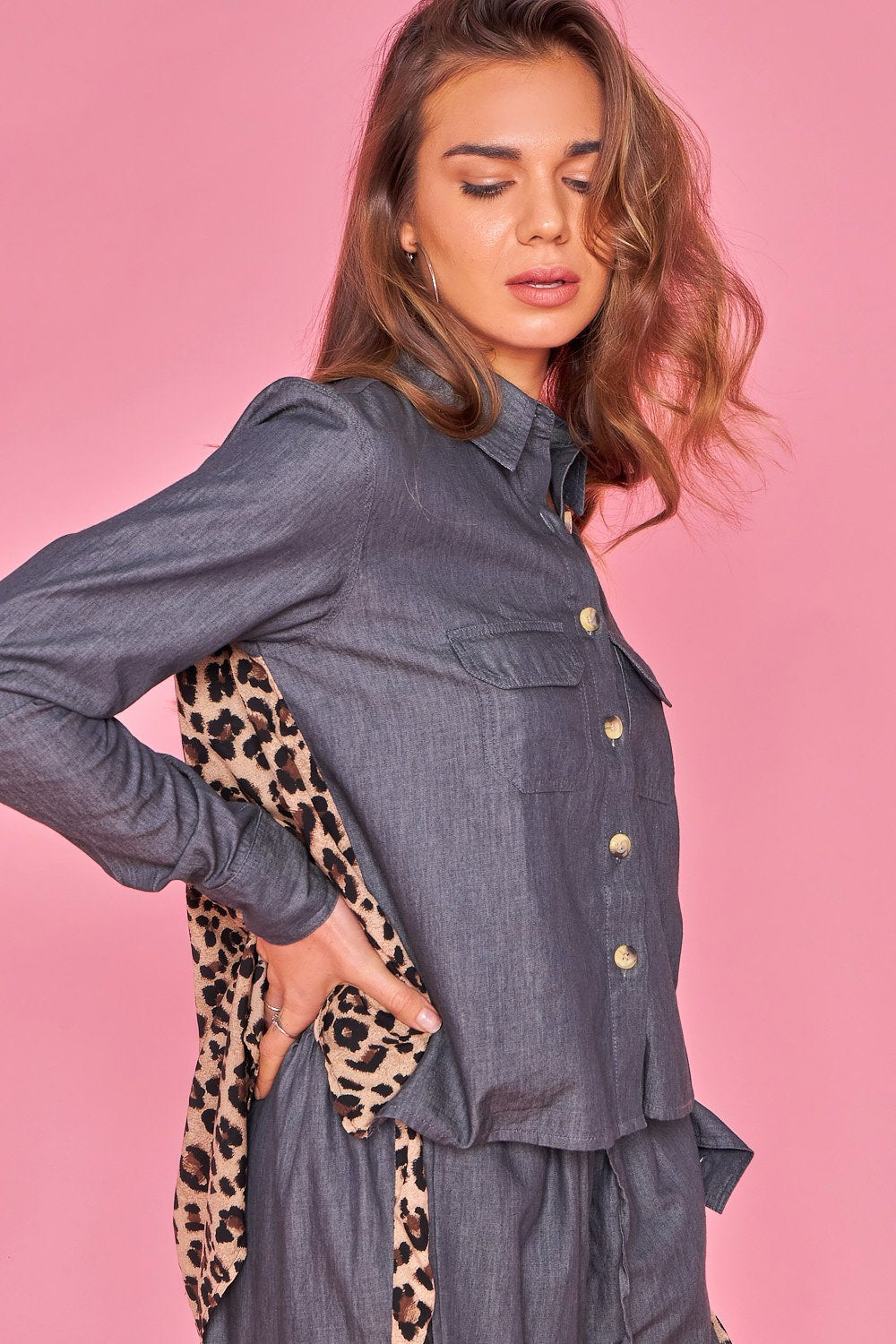 Long printed denim blouse - Gray denim