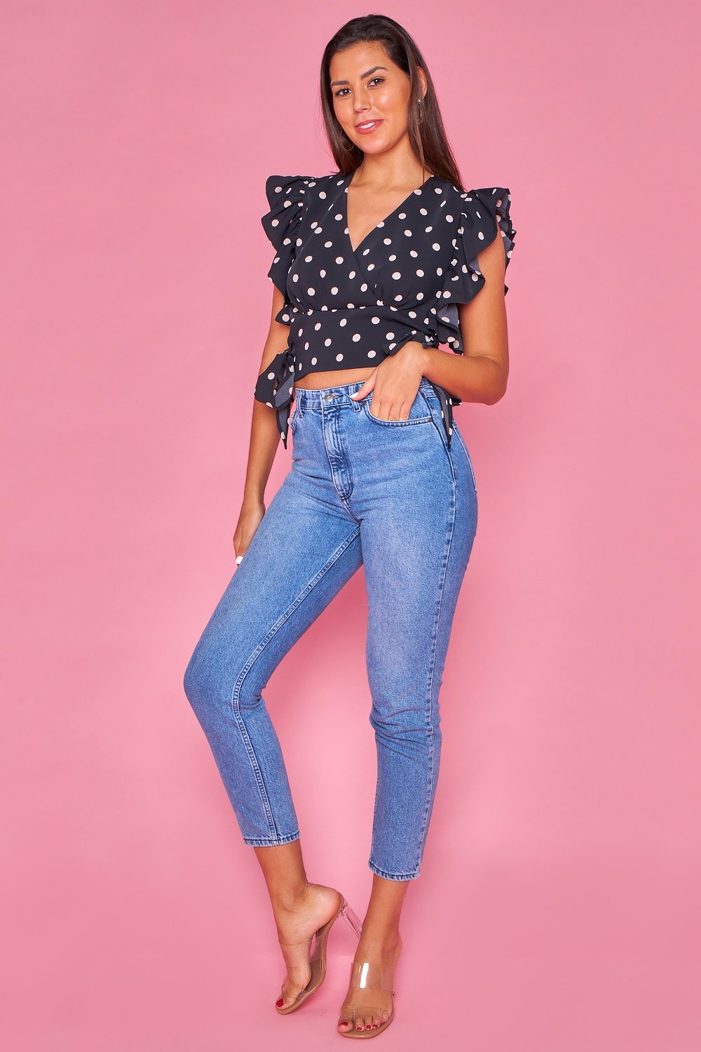 Polka dot crop top with ruffled sleeves - Black and white