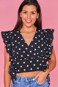 Polka dot crop top with ruffled sleeves - Black and white