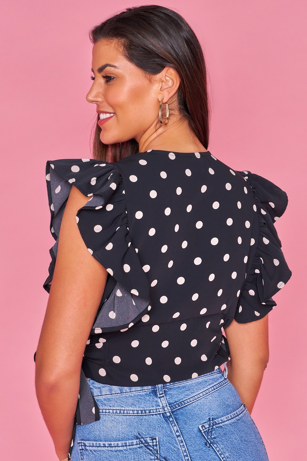 Polka dot crop top with ruffled sleeves - Black and white