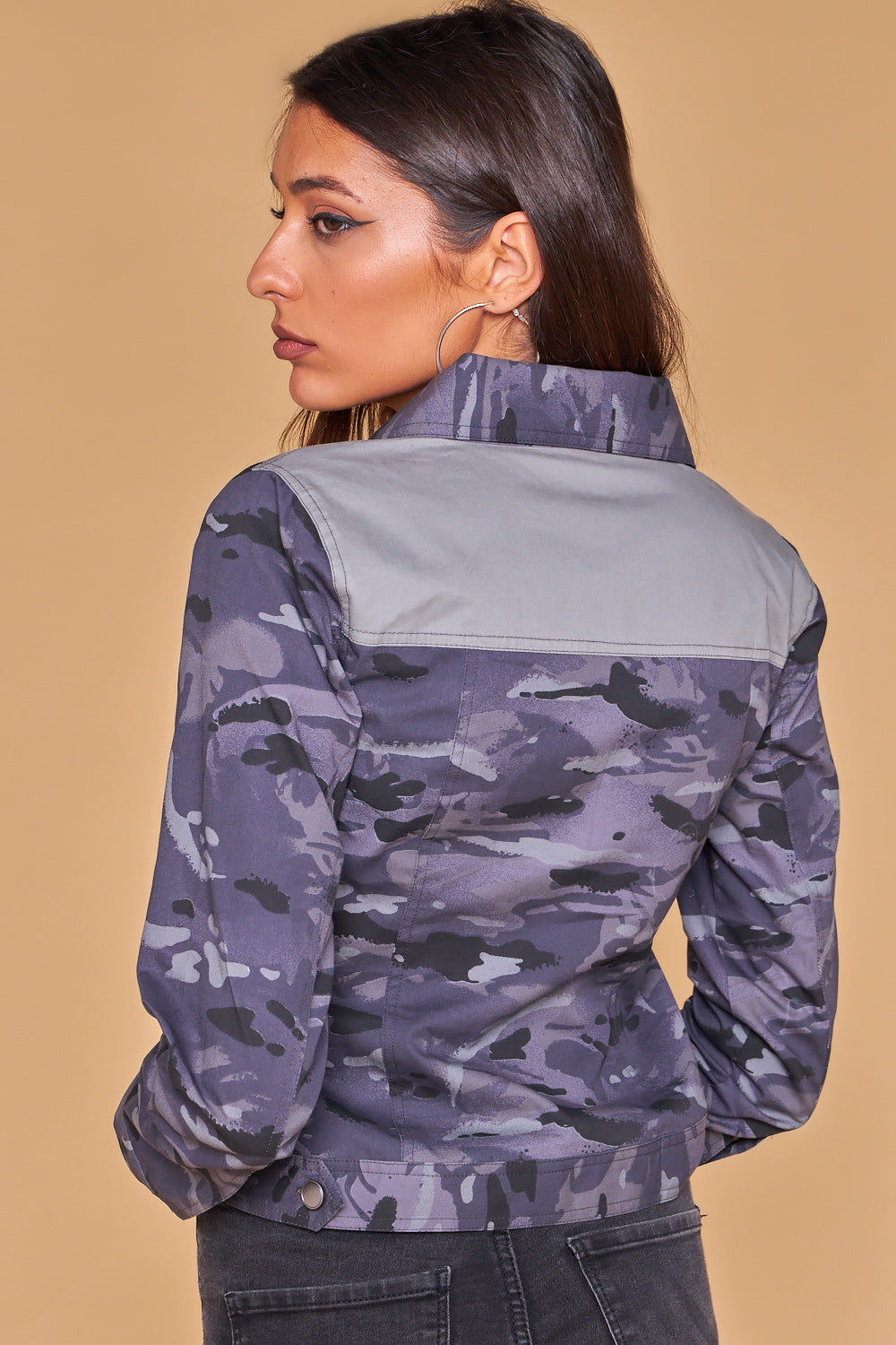 Grey color block denim jacket with camouflage print