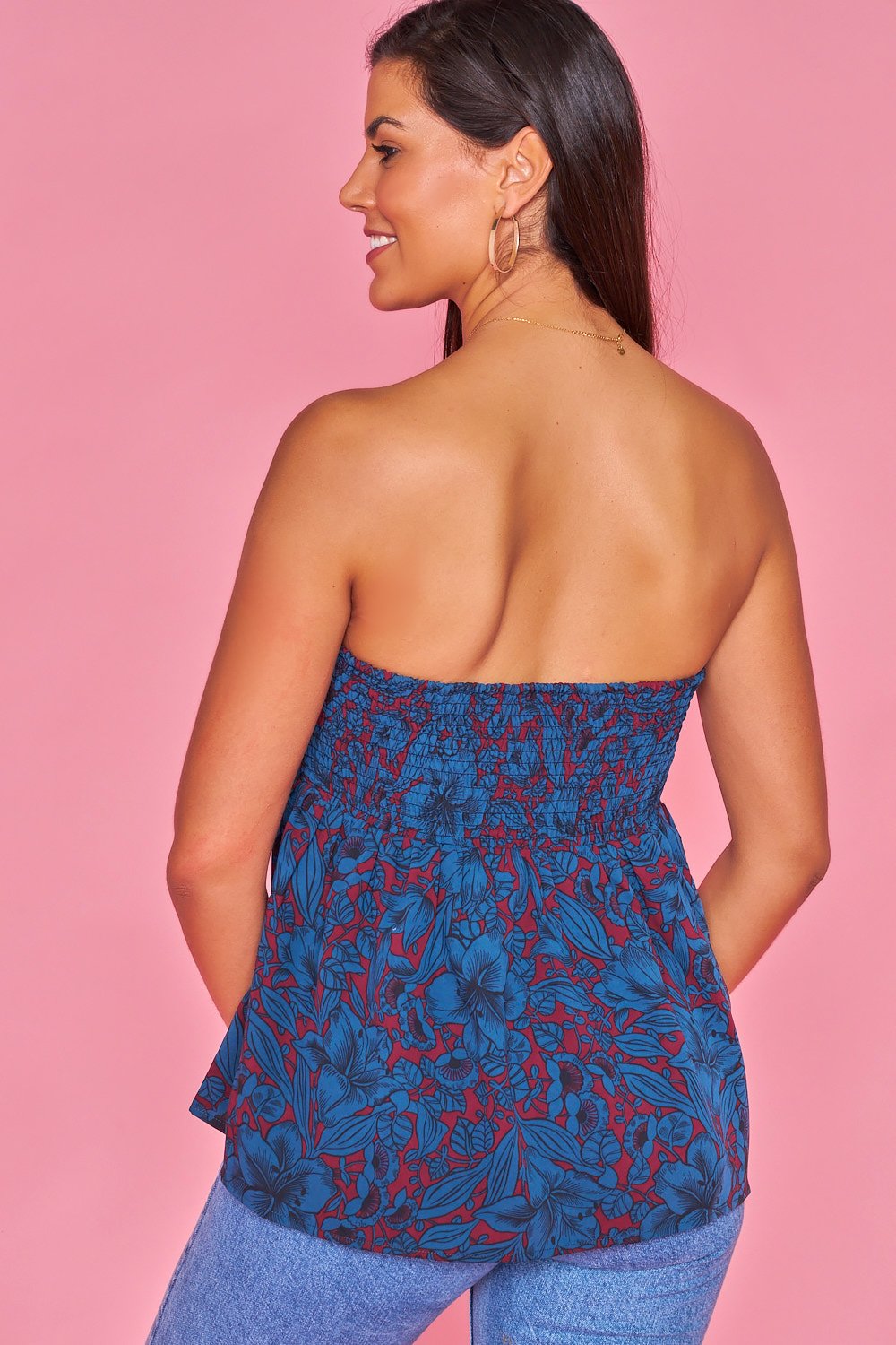Blusa con lazo en pecho estampada azul