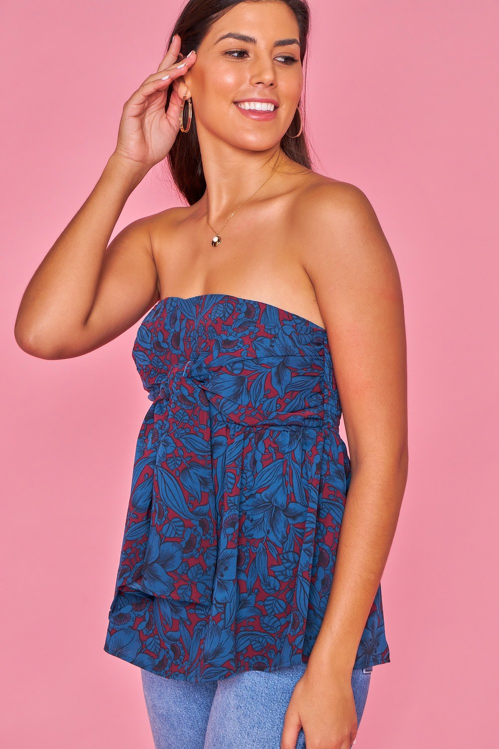 Blusa con lazo en pecho estampada azul