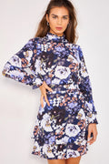 Vestido de estampado floral con cuello alto - Multicolor