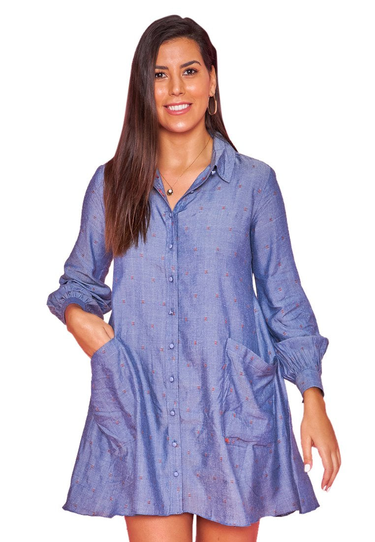 Vestido camisa con vuelo - Azul vaquero