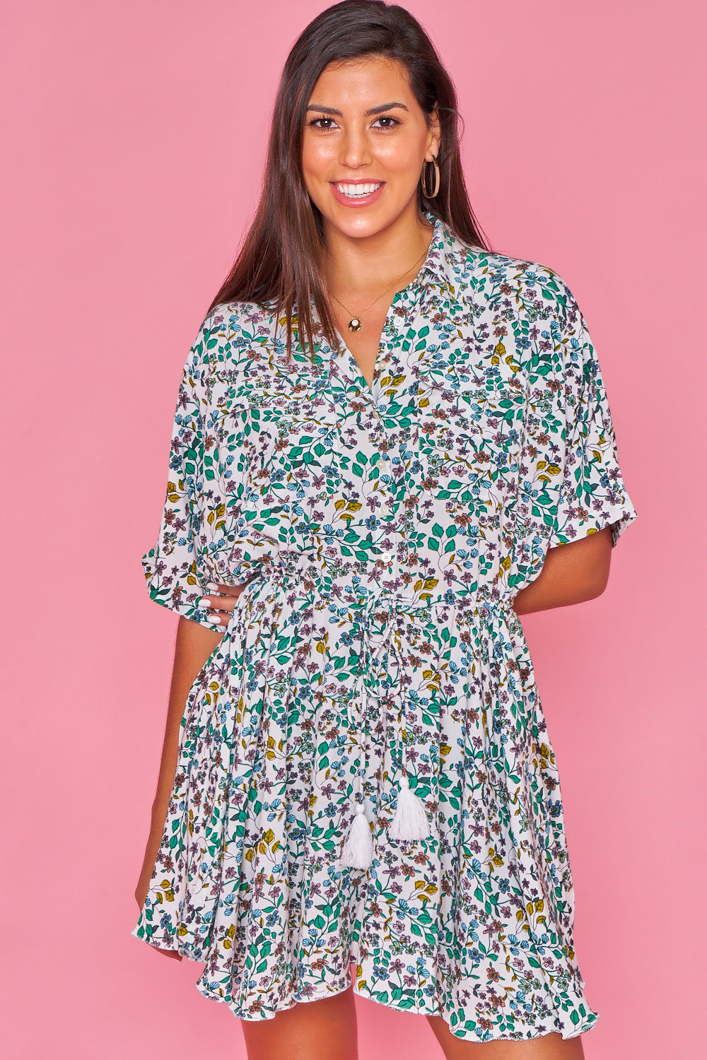 Vestido de Gasa Estampado en Blanco