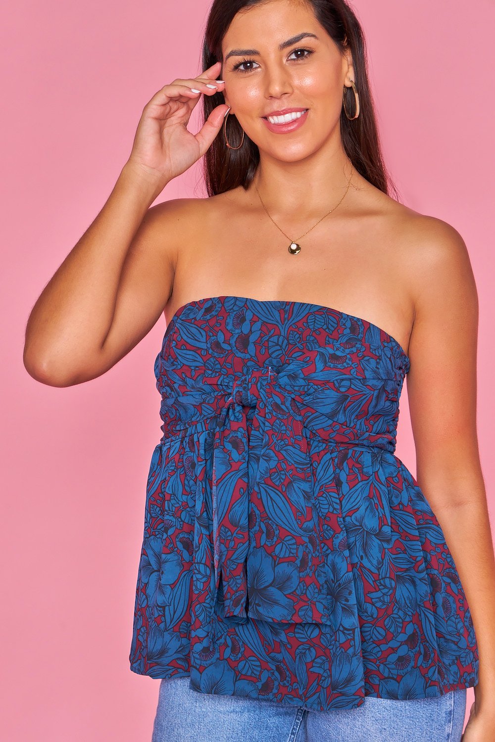 Blusa con lazo en pecho estampada azul