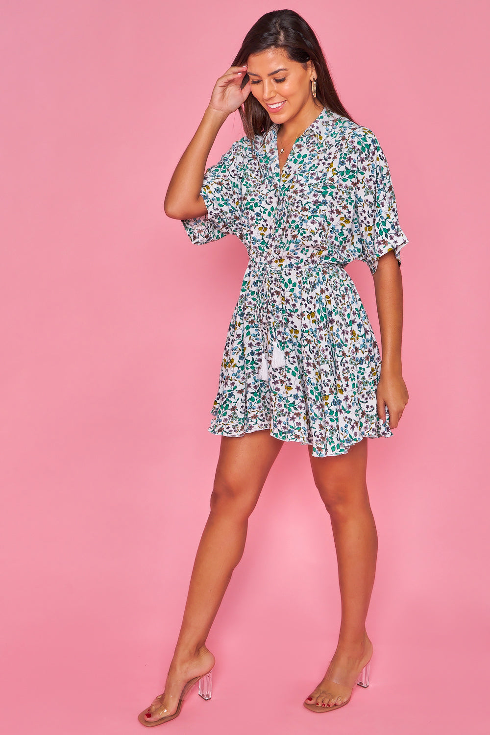 Vestido de Gasa Estampado en Blanco